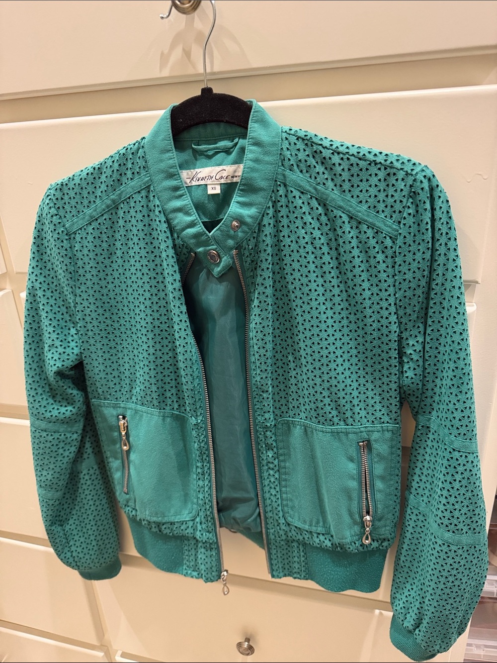 Kenneth Cole New York Teal Perforated Bomber Jacket
